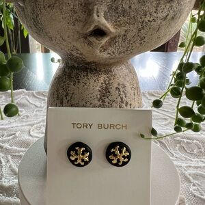 Tory Burch Black and Gold Logo Button Studs